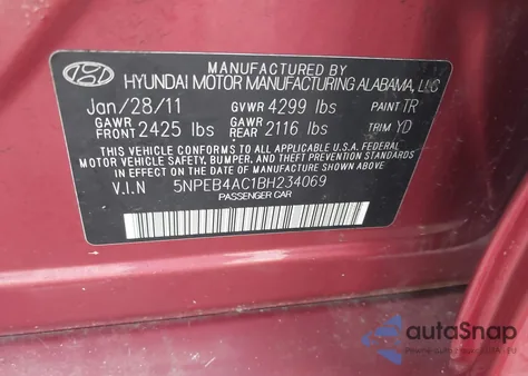 2011 Hyundai Sonata Gls z USA, uszkodzony, nr VIN 5NPEB4AC1BH234069